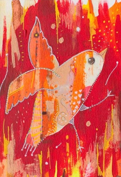 exciting bird painting - bright fiery orange bird about to take flight painted in whimsical style on a fiery red, yellow and orange back ground with pen details
