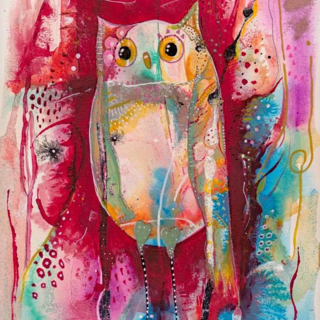 whimsical owl painting - abstract painting of cute owl with a red shadow of paint on abstract colours