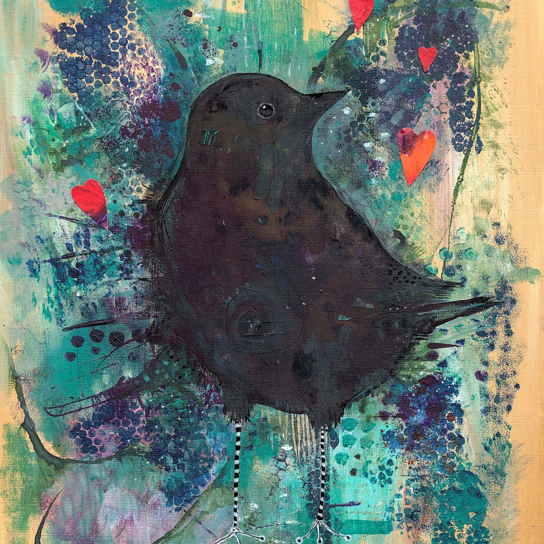 magical crow painting- large black crow appears to break out of her colourful and abstract background of turquoise, purple, blue and cream. Red hearts float about her. Black and white legs give this crow a whimsical look.