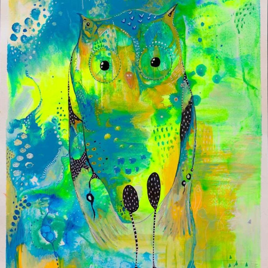 unique owl painting - Owl painted with blue, yellow and black stands on a blu and yellow background