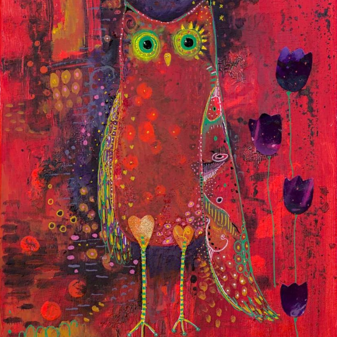 Owl painting canvas - Ruby Owl is a rich red painting of a whimsical owl with heart shaped hips and shadowed by purple and pen details. Violet tulips grow on her right side.