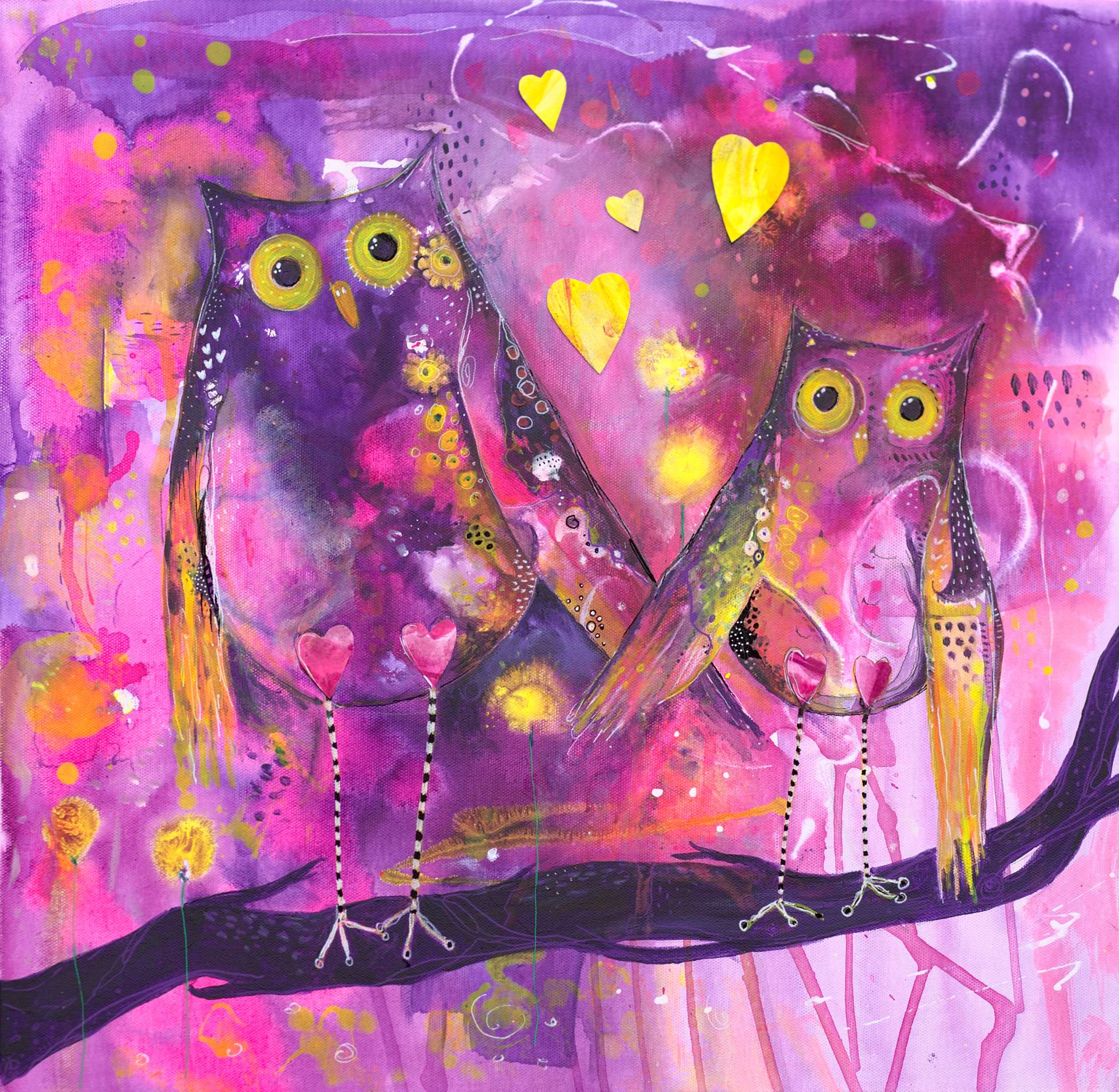original owl painting - Stronger Together shows two owls holding wings painted in tones of pink and purple inks and acrylic paints. Yellow abstract dandelions and hearts surround them as they stand on a dark purple branch.