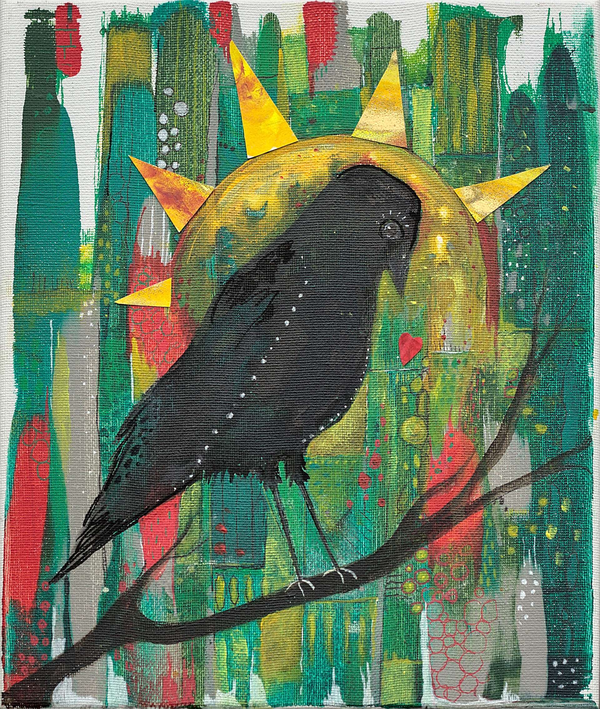 crow art print- whimsical crow bows as she stands on a dark branch against a patchwork field effect of greens, reds and greys. Framing the crow is a golden sun with triangular rays,