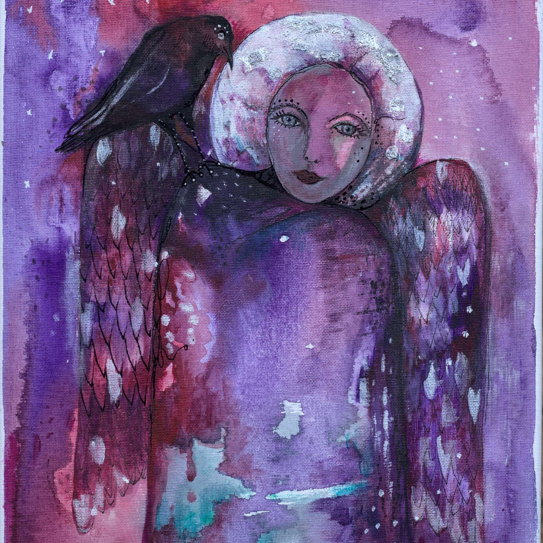 Magical angel painting - Guardian Angel of Transformation. Abstract angel painted in purples and reds with a silver halo nad silver embellishments on her wings. Standing on her shoulder is a black crow.