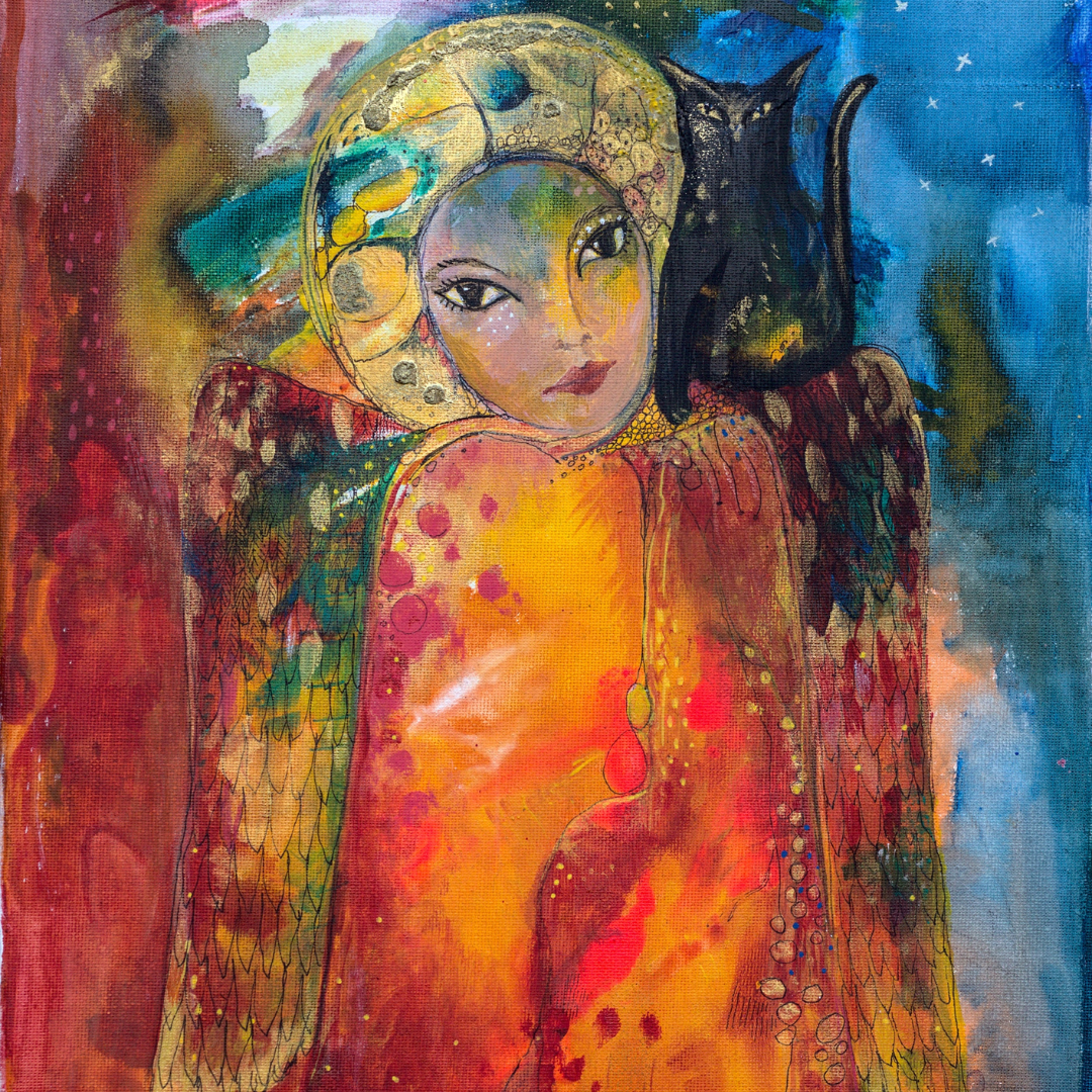 original angel artwork - Guardian Angel of Independence - abstract angel in fiery oranges, reds and yellows embellished with gold paint. A gold halo with a black cat sitting on her shoulder