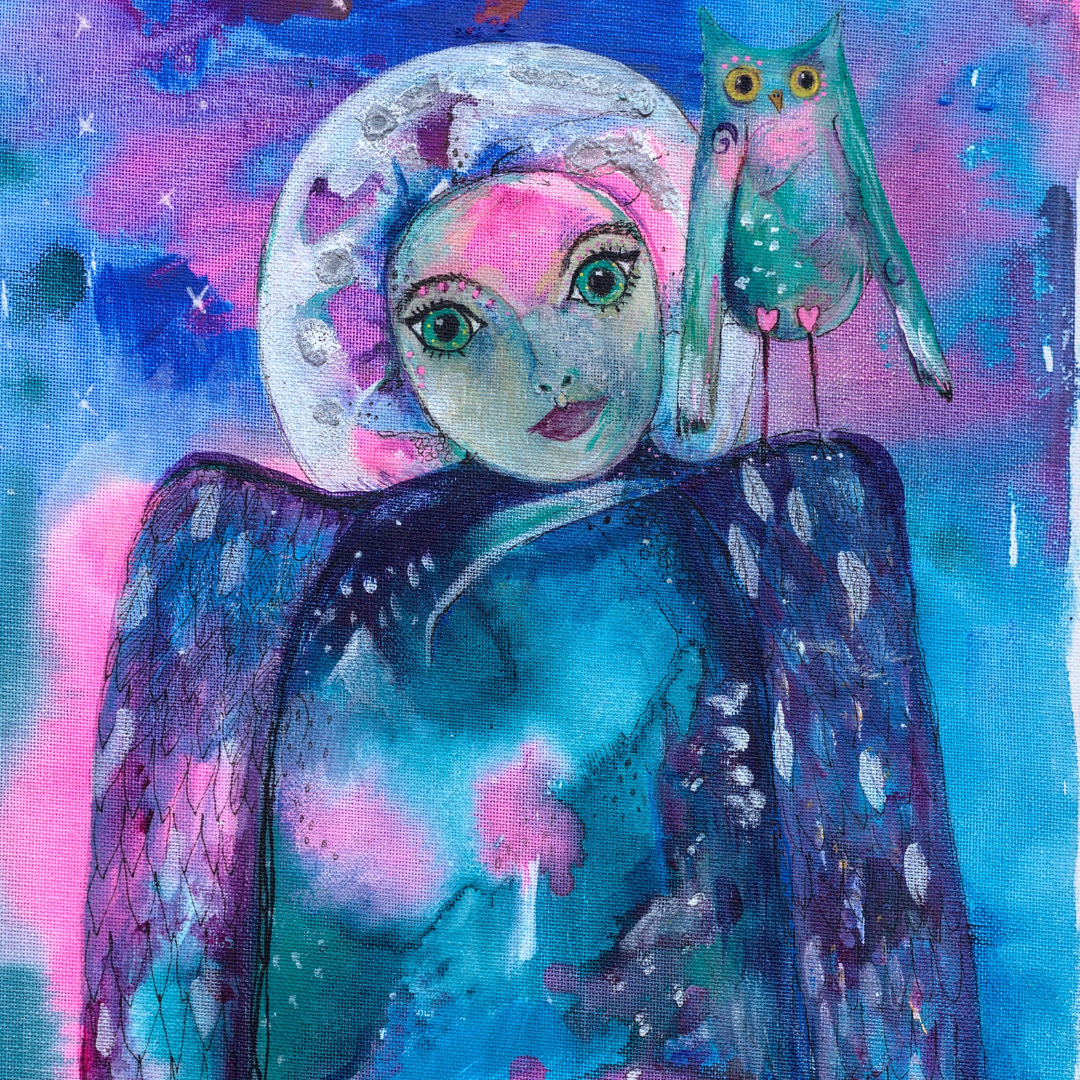 Owl Wisdom Magical angel print- abstract angel painted in blues and pinks with silver embellishment. Silver halo and mystical owl sits on the wing