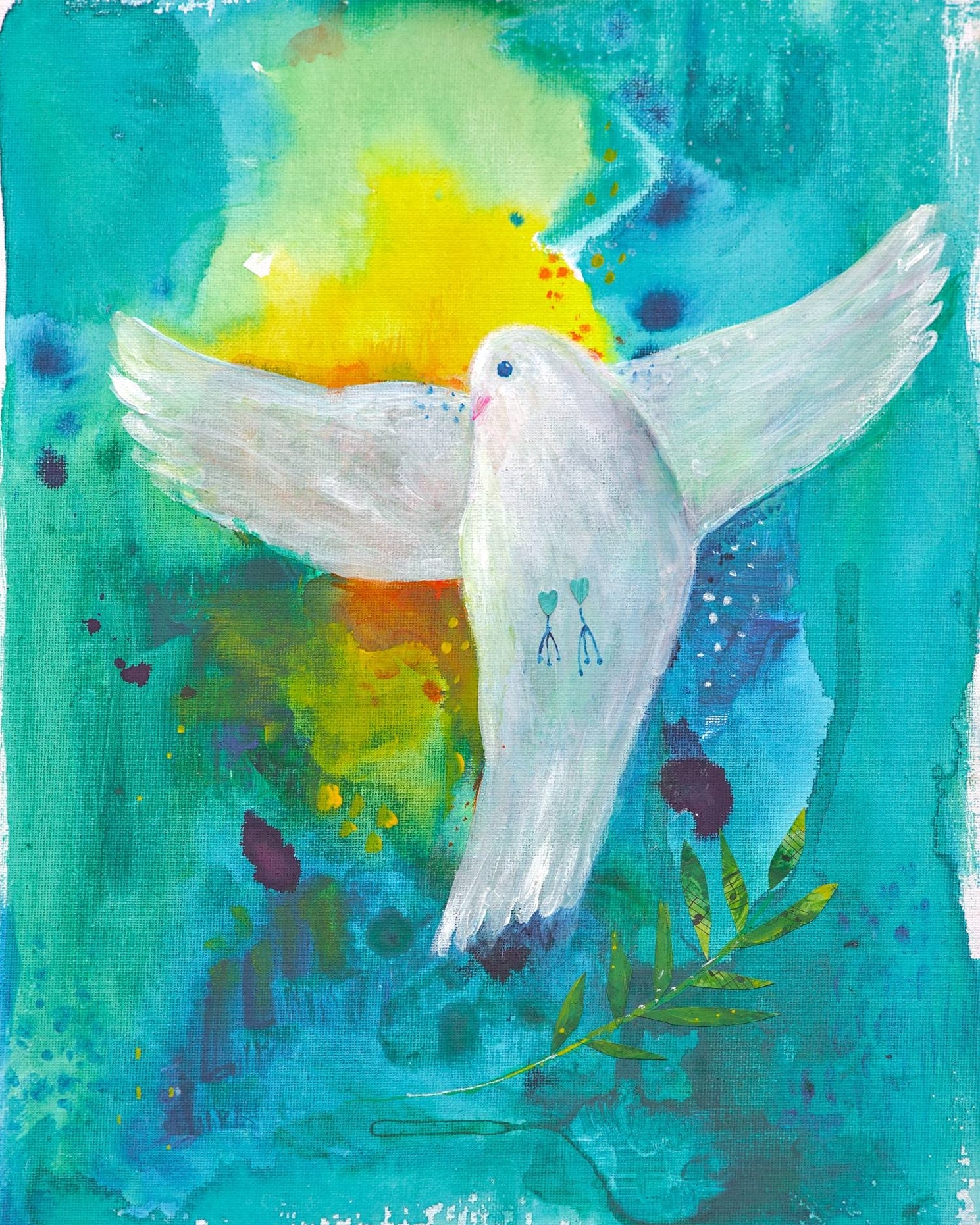 Spiritual Dove art print - whimsical dove painting with heart shaped hips As she takes flight she flies towards an abstract sun and above an abstract landscape of teals and greens with an olive branch below her.