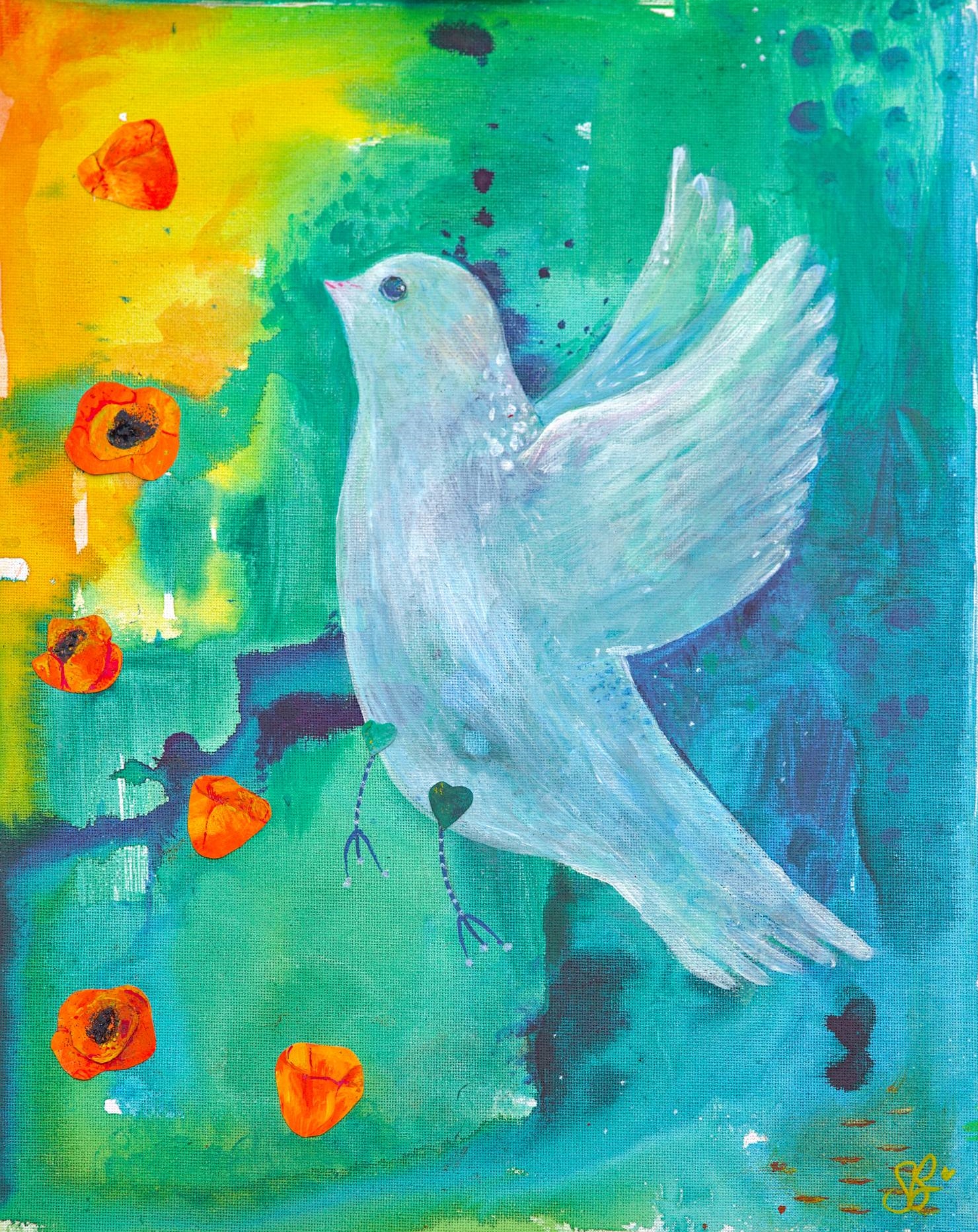 beautiful Dove art print - whimsical dove painting with heart shaped hips and orange poppies (stylised) dancing beside her. As she takes flight she flies towards an abstract sun and above an abstract landscape of teals and greens