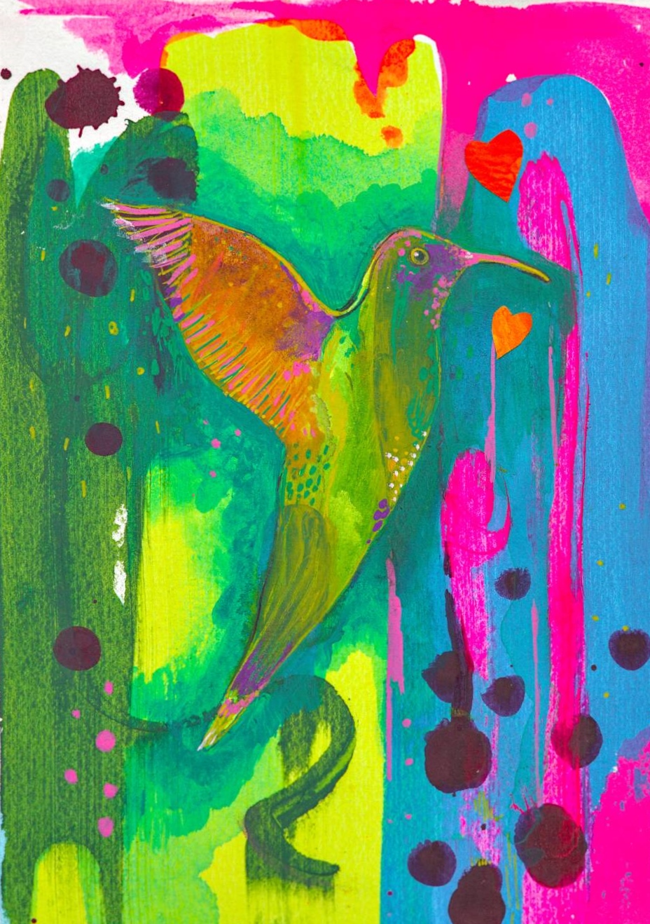 Types of print - Colourful hummingbird Print. Abstract background painted and printed with vibrant pinks, blues, yellows and greens. The humming bird is also painted colourfully on top of the abstract background.