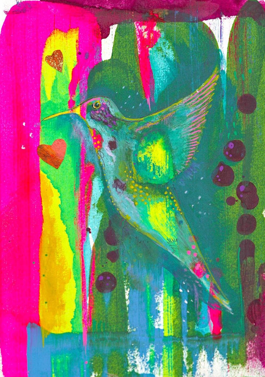 Abstract humming bird print - colourful hummingbird spreads her wings above a vibrant landscape f pinks and yellows and blues.