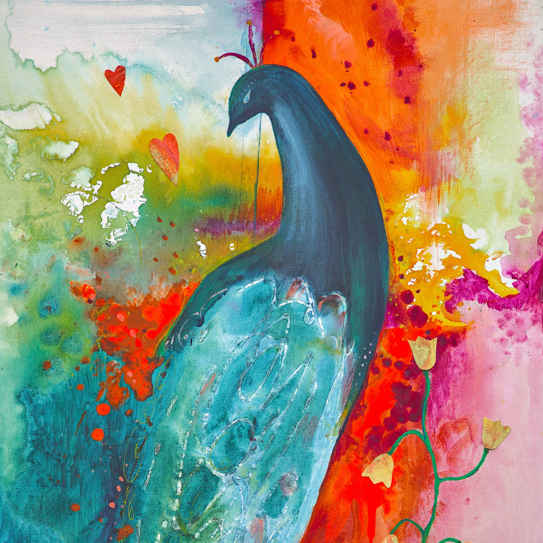 Abstract peacock painting - vibrant tones of peacock blues of the peacock stand out agains a striking abstract orange and pink background. Gold bell shaped flowers grow beside her and two copper hearts float above her face.
