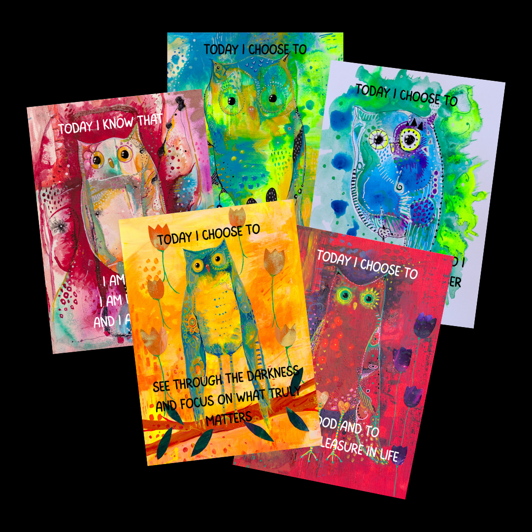 Owl affirmation cards - 5 owl paintings printed on postcards with powerful affirmations so you can start your day with positivity