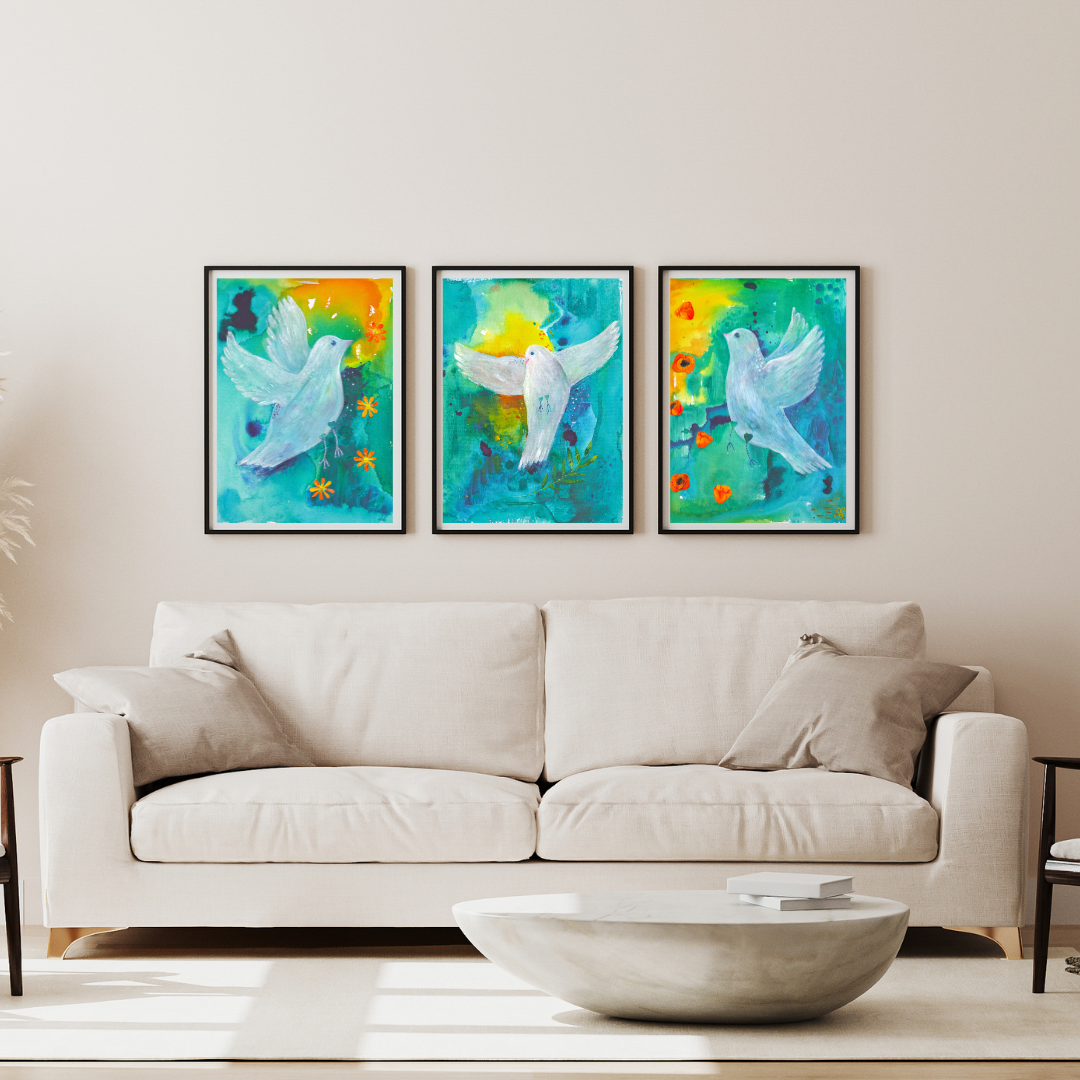 Dove art triptych - 3 whimsical dove paintings each with collage flowers and plant embellishments. Background is an abstract mix of blues and yellows.