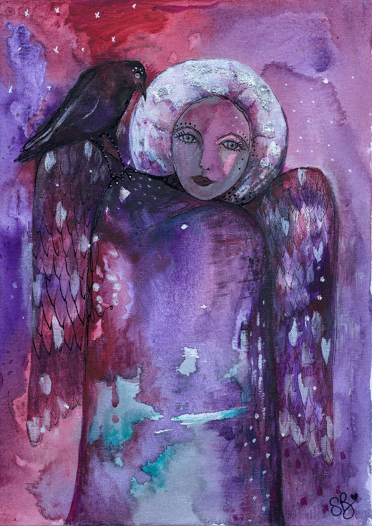 Magical angel art print - Guardian Angel of Transformation. Abstract angel painted in purples and reds with a silver halo and silver embellishments on her wings. Standing on her shoulder is a black crow.