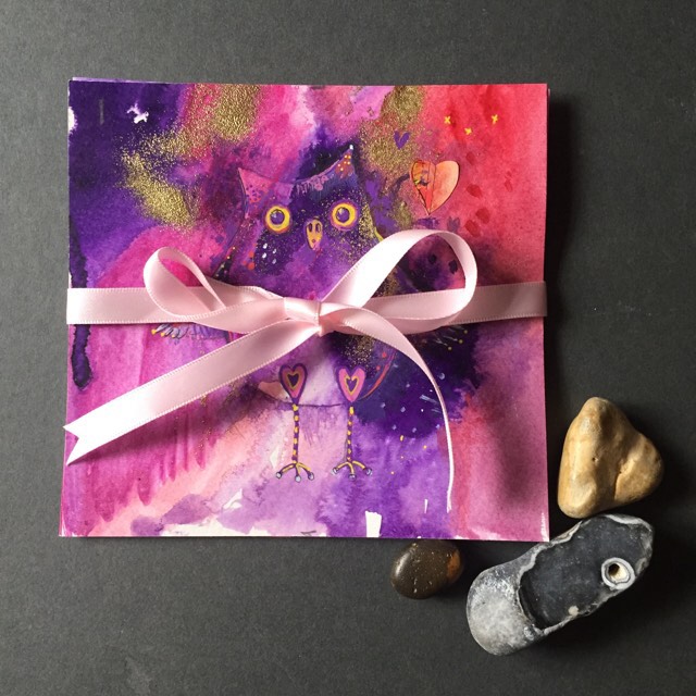 Set of 2 paintings - two enchanting owls that match perfectly in colour and style. Purple owl stands on a purple, cosmic style background