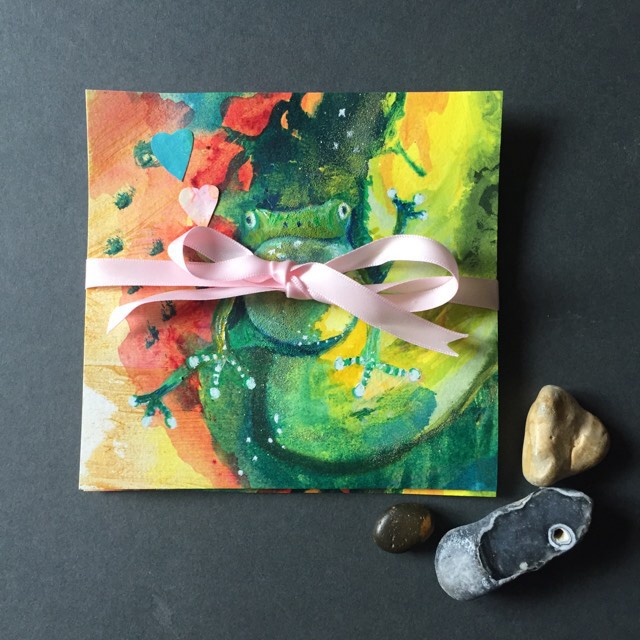 Set of 2 frog paintings - two playful frogs that match perfectly in colour and style. Green Frog stands on a green yellow and orange swirling background
