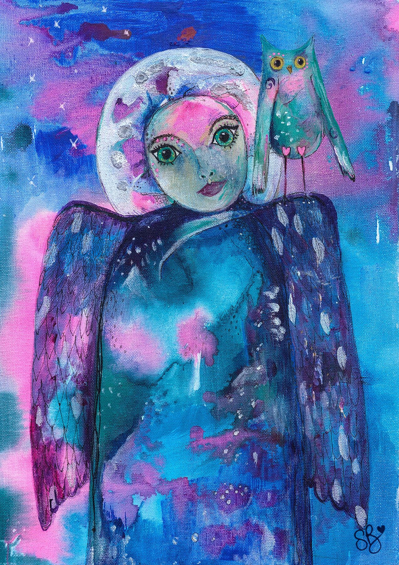 Magical angel print- abstract angel painted in blues and pinks with silver embellishment. Silver halo and mystical owl sits on the wing