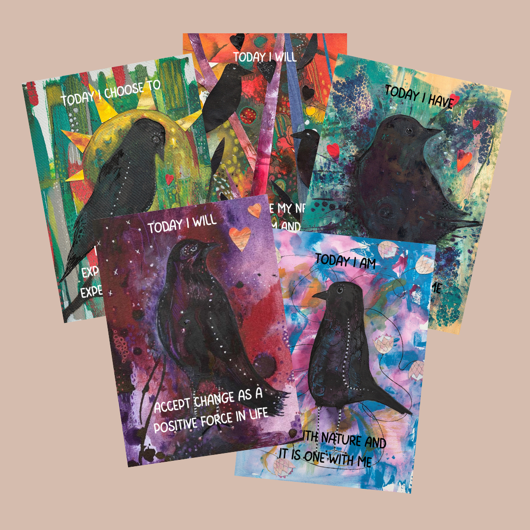 crow affirmation cards - 5 crow paintings printed on postcards with powerful affirmations so you can start your day with positivity