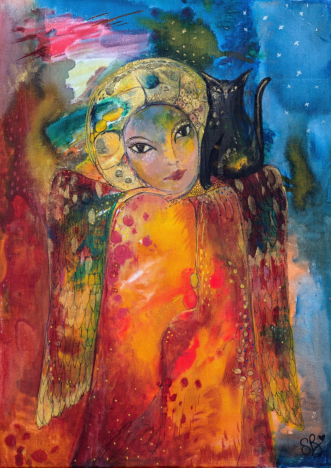 Beautiful angel print Guardian Angel of Independence - abstract angel in fiery oranges, reds and yellows embellished with gold paint. A gold halo with a black cat sitting on her shoulder