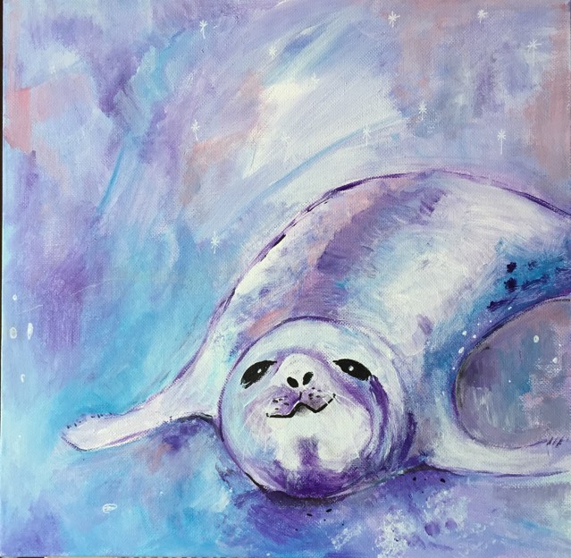 Playful seal art on canvas. The seal is sliding into view on her tummy from the right of the canvas. She looks up at you, grinning cheekily. Painted in soft tones of blueand lilac.