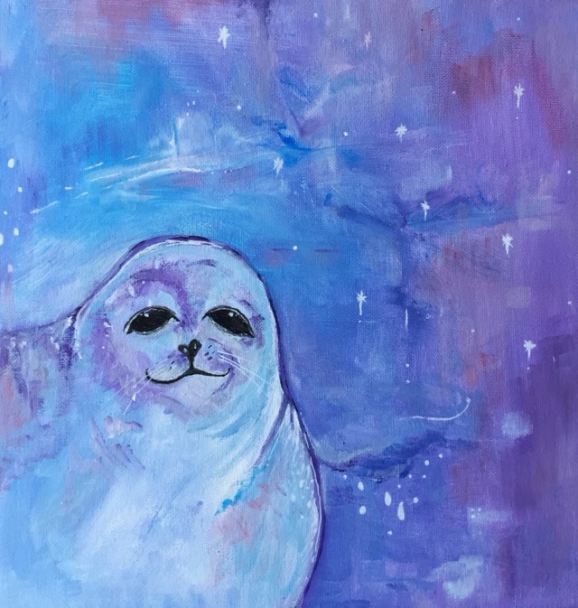 Playful and original seal art - cheeky smiling seal painted in tones of cool white, lilac and blue comes into the corner of the painting to llok ot from a star filled sky of pale blues and lilacs.
