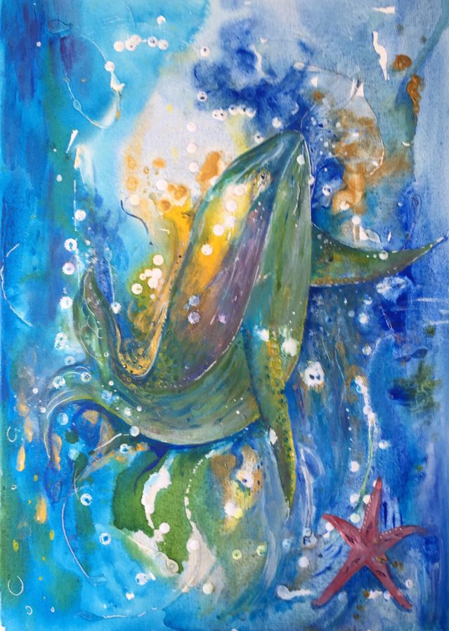Colourful whale painting painted in tones of blue, green, mauve and gold. She swims energetically up towards the surface as a pink starfish watches by.