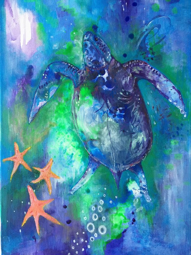 magical turtle painting painted in soulful blues, greens and purples. 3 pink starfish float beside her.