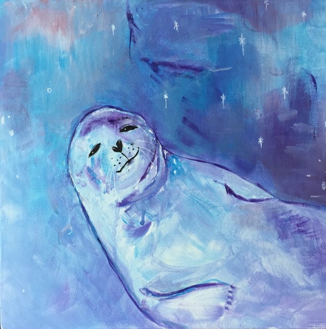 Original seal artwork. Seal is laying on her side resting against a star filled sky of soft tones of blue and lilac.
