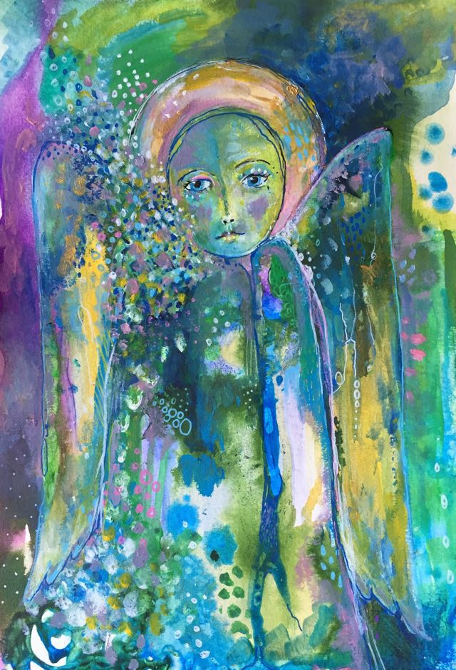 Magical angel artwork- Inner Strength - abstract and whimsical angel painted in soulful greens and blues with a hint of magenta. Magical splashes of colour emerge from left as if she is trailing sparkles of support wherever she goes.