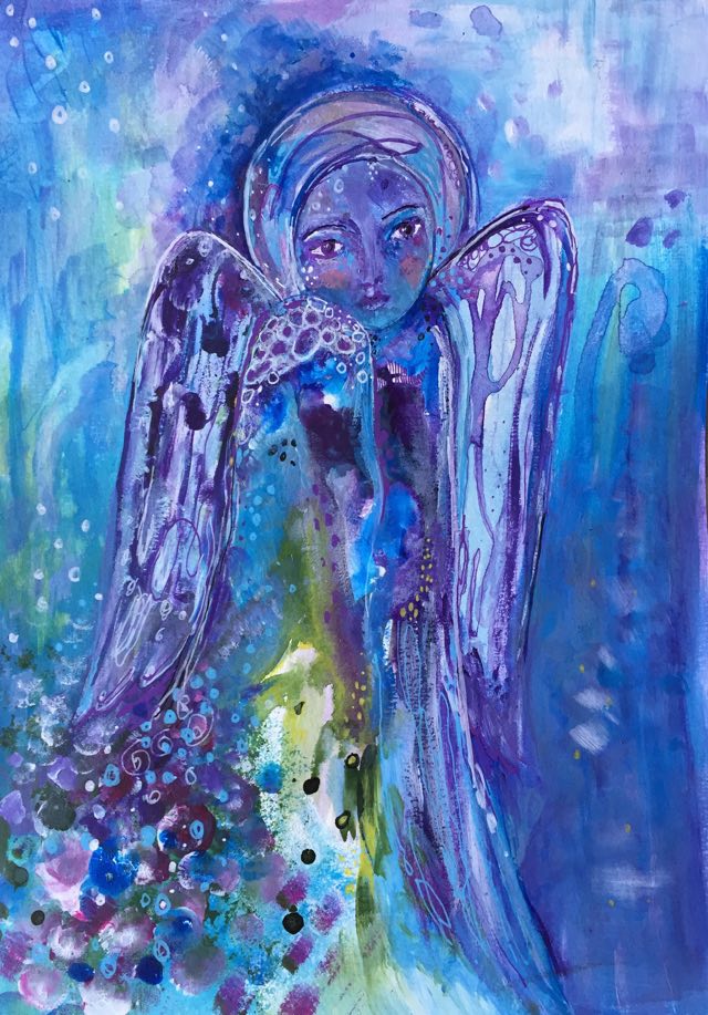 Magical angel painting - Angel of love is painted in layers of purple and blue with a hint of green in her flowing dress. She leaves a trail of magical sparkles as she moves spreading her love for all to receive.