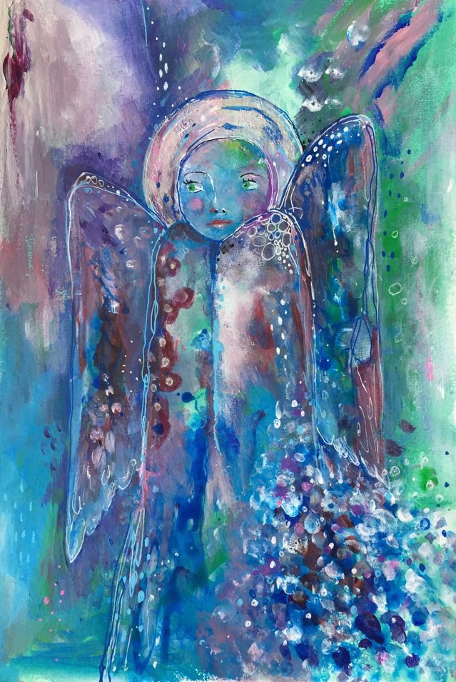 Magical angel painting - angel of protection is painted in layers of blue, green and pink paints. she arises from a mass of sparkles like the foam on the waves of the ocean.