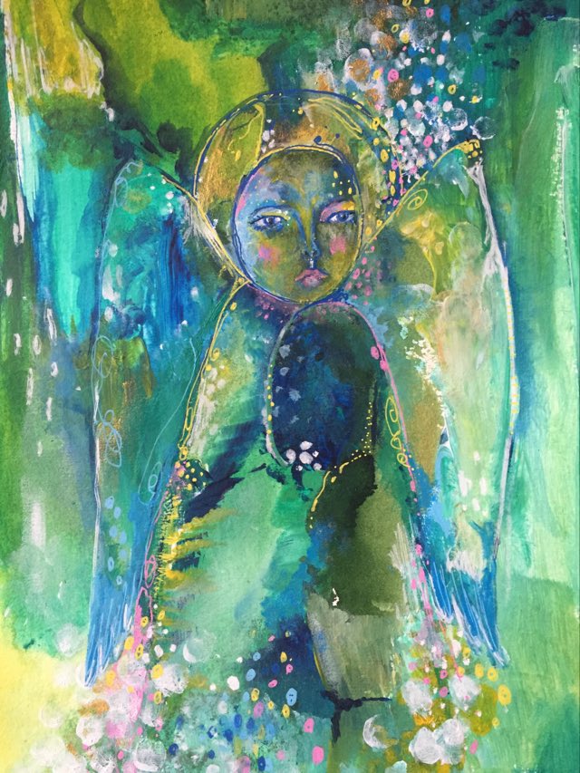 Magical angel painting - Angel of guidance - she is painted in layers of spiritual greens, blues and yellows. She has a wistful expression and she knows just how to guide you to the people you need to meet and the opportunities you need to take.