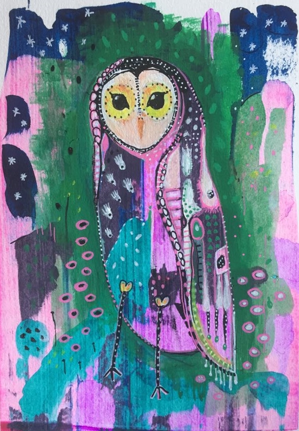 Owl spirit guide - a Print that shows the owl based on the beautiful barn owl. Her body is made up of abstract colours that has a patchwork effect. She stands against a green, pink and blue background.