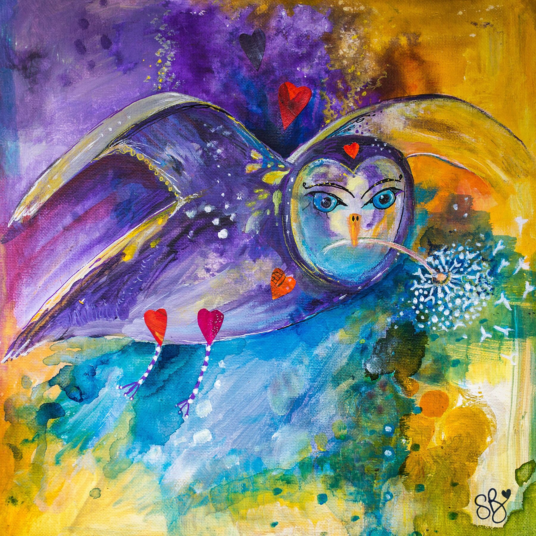 Owl Wisdom Limited Edition Owl Print - Air Spirit Owl is painted using soft tones of purple, yellow , grey and sky blue. She holds a dandelion gone to seed in her beak.