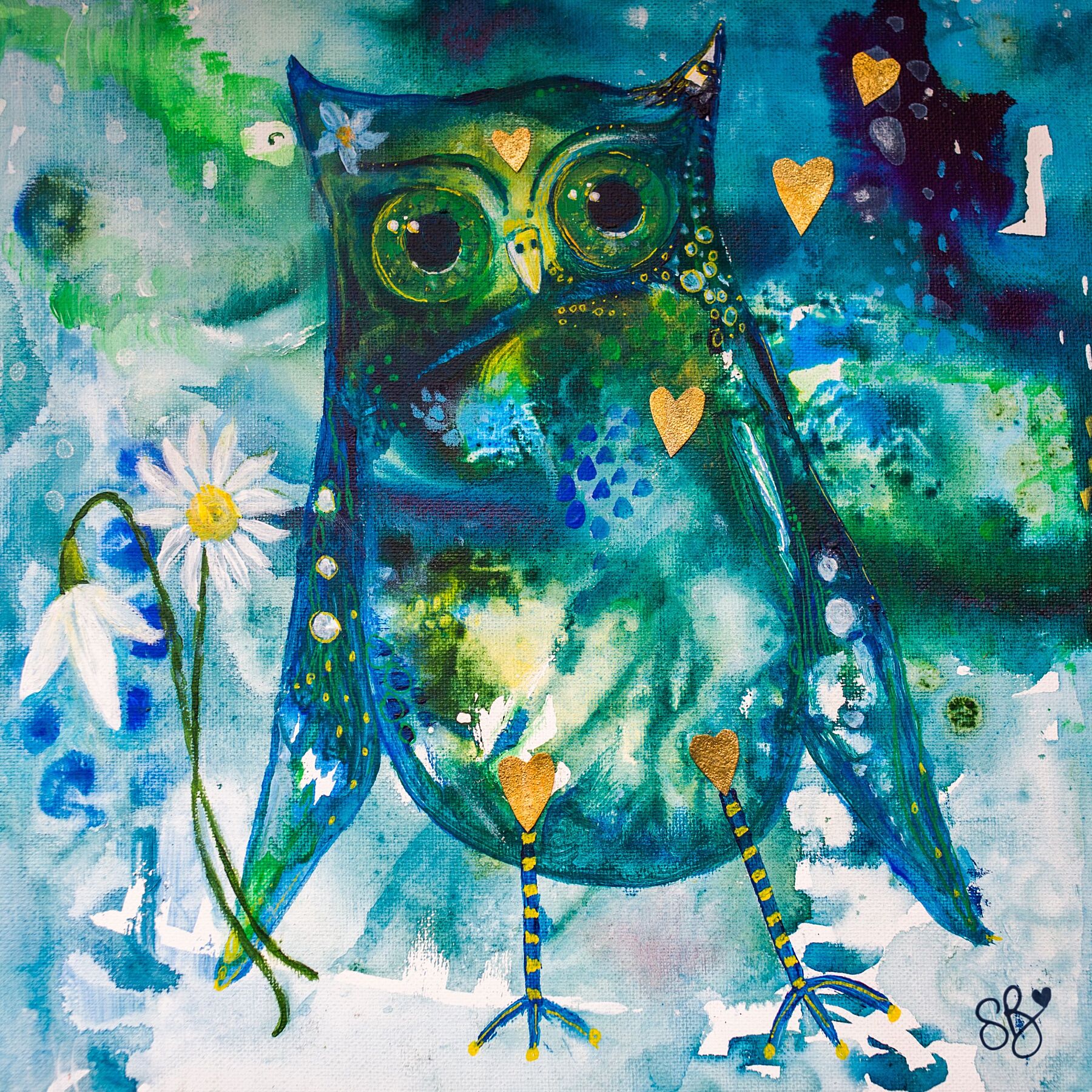 Owl art print - Water Spirit Owl is a whimsical owl painted in watery blues and greens. She holds a snowdrop and daisy in her wing and a forget me not flower is on her ear.