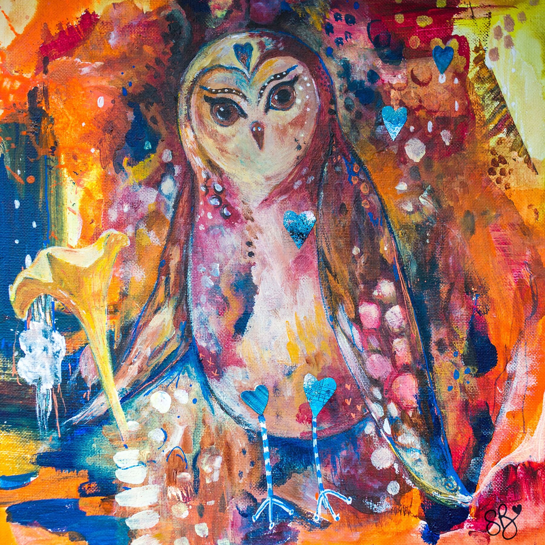 Special owl print- Earth Spirit Owl is whimsical and adorable owl painted in earthy autumnal tones of brown, deep red, orange and yellow ochre and dark blue. She holds a chanterelle mushroom in her wing.