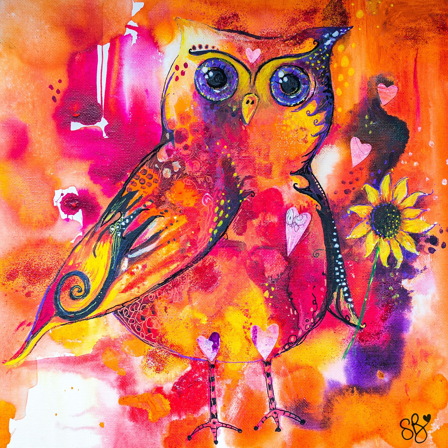 Owl Print - Fire Spirit Owl is a a whimsical and fun owl painted in fiery tones of pink, red, orange and yellow. She holds a sunflower in her wing.