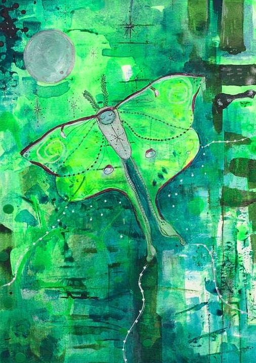 luna moth art print - luna moth rises to the mystical energy of the moon above a landscape of night time greens painted in an abstract way.