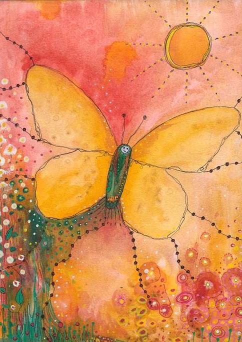 Butterfly art print. Image of butterfly uses soft tones of yellows and oranges and the butterfly is rising to greet the sun