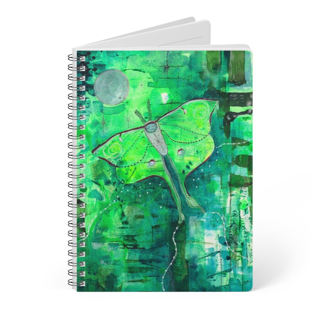 Special luna moth notebook standing up Luna moth is a whimsical painting. The moth flies against a background of striking greens towards the moon.