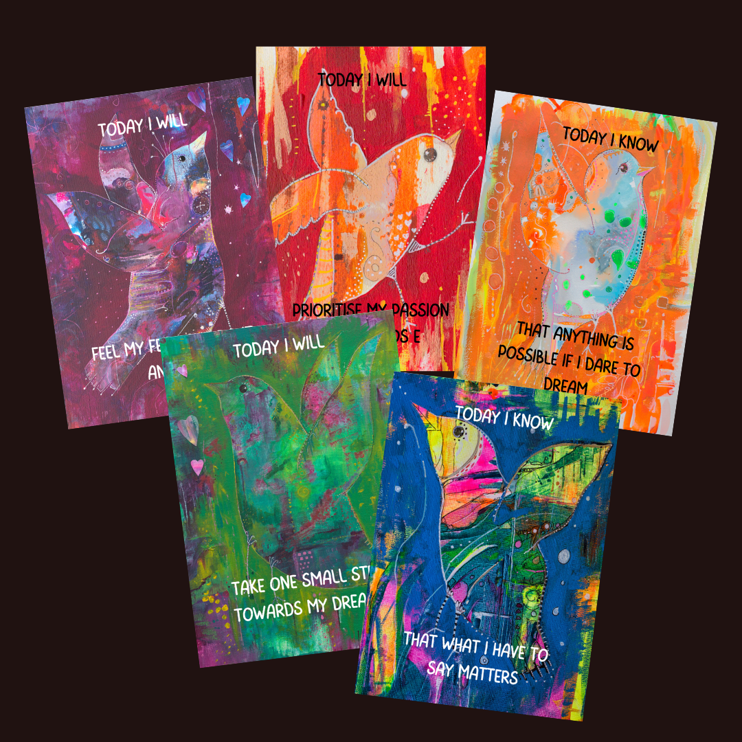 5 designs of affirmation cards. All colourful cards are whimsical birds in flight with a special and positive affirmation that goes with it.
