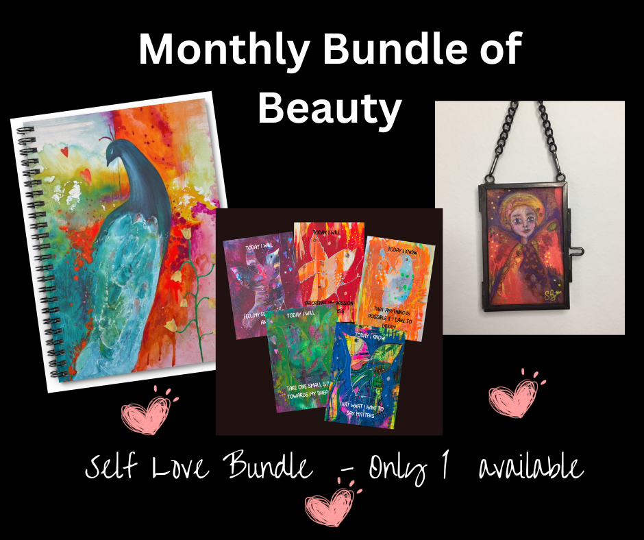 Picture of bundle showing peacock journal/notebook affirmation cards and mini angel wall decor