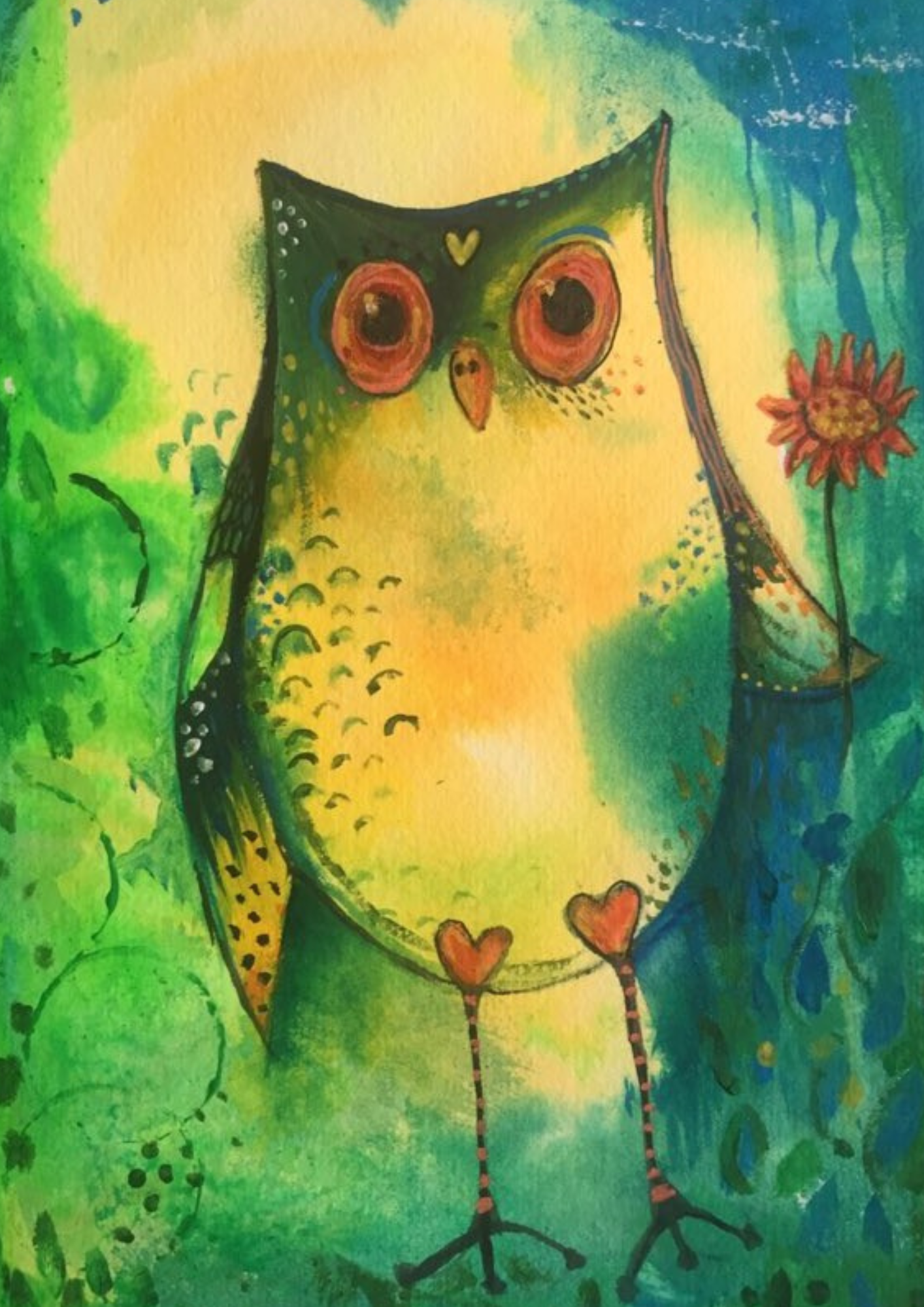 whimsical owl art - yellows and green and black owl holding an orange flower on a n abstract yellow, blue and green background. She has stripy black and orange legs and orange eyes with orange beak. Heart hips at the top of her legs.