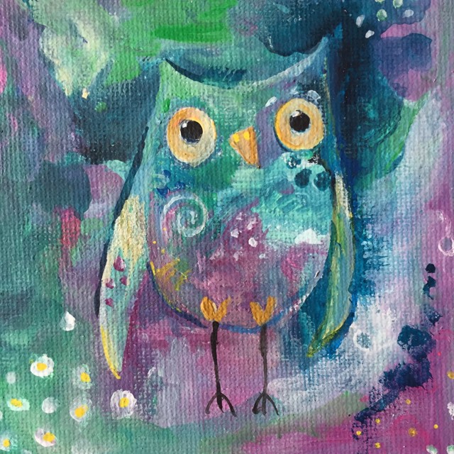 Mini whimsical owl painting - whimsical owl painted in tones of teals and pink on an abstract background in similar colours.
