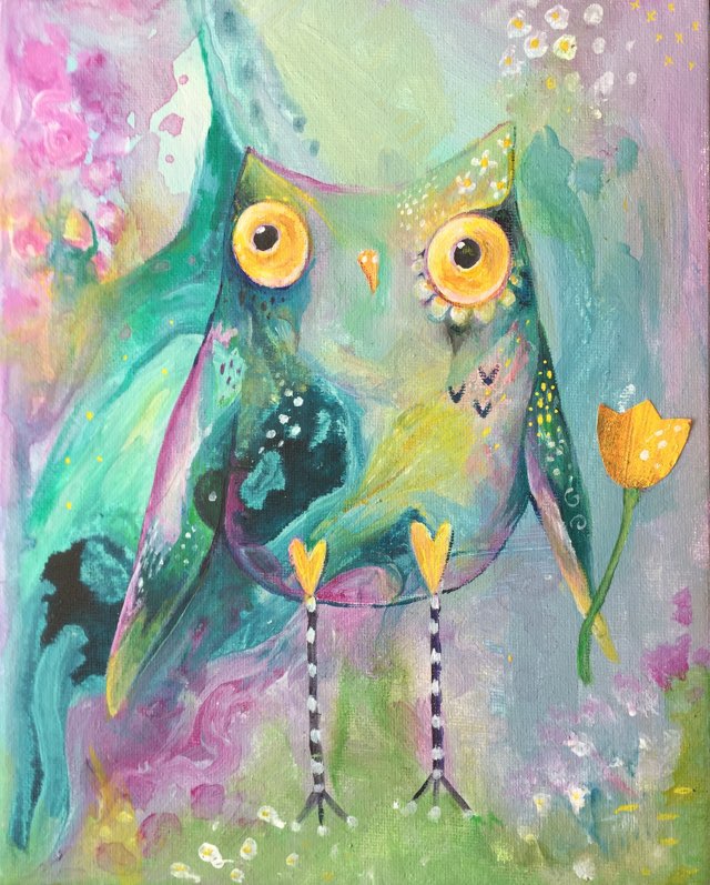 Adorable Owl Painting - Whimsical owl painted in abstract tones of green, teals, soft yellows and pinks on top of n abstract background of the same colour. Her eyes are big and yellow matching the hearts of hips and the stylised tulip she holds in her right wing.