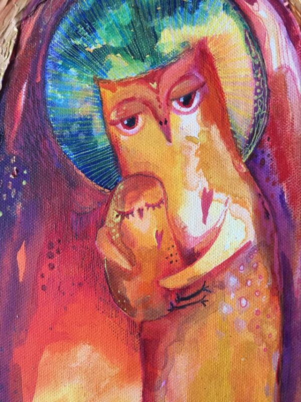 Close up of the two owls in The Essence of Nurture painting