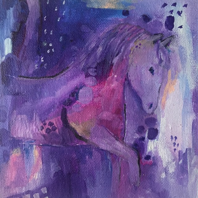 This horse painting is called wild spirit. She is painted on an abstract background painted in hues of purple and pink. Her head is bowed as she emerges from the abstract colours.