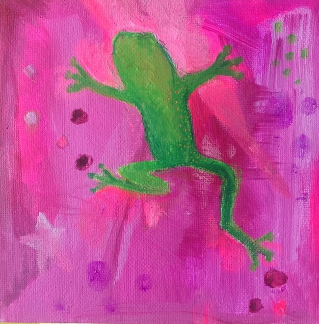Frog Painting - bright green whimsical frog jumps into the air. He is painted on a bright pink abstract background.