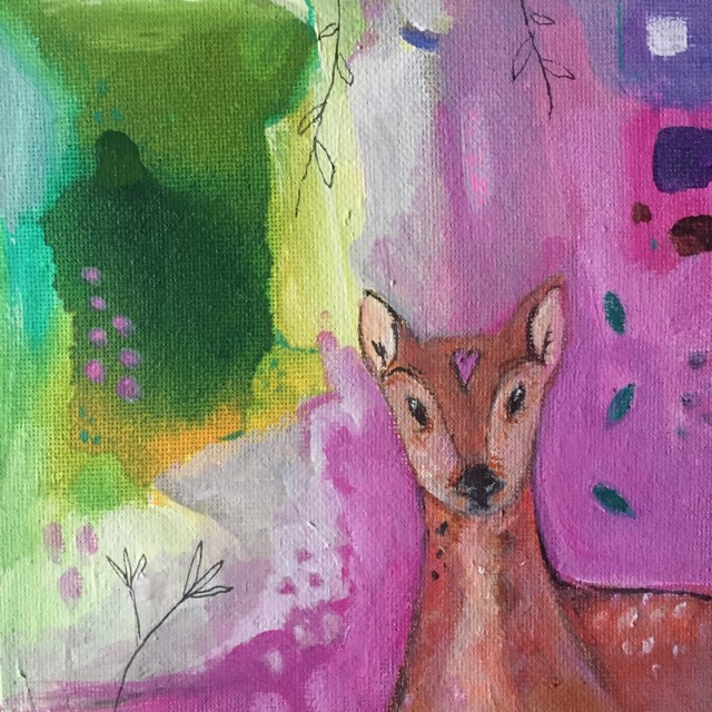 Deer painting - Deer pops up in the corner of the painting against an abstract background of pink, green and yellow. There are stylised plant drawings in pen as well.