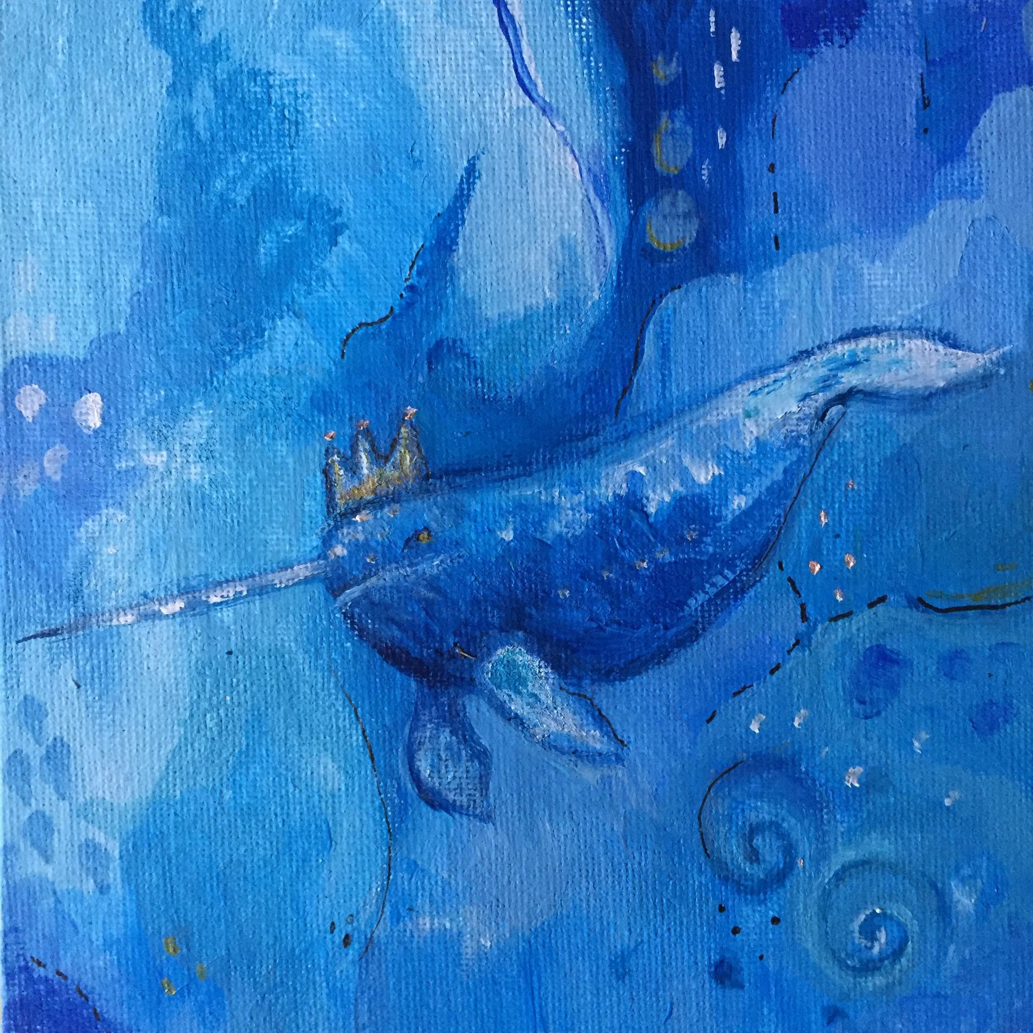 Narwhal painting is painted in hues of blue. Narwhal swims in the centre. She wears a golden crown on her head.